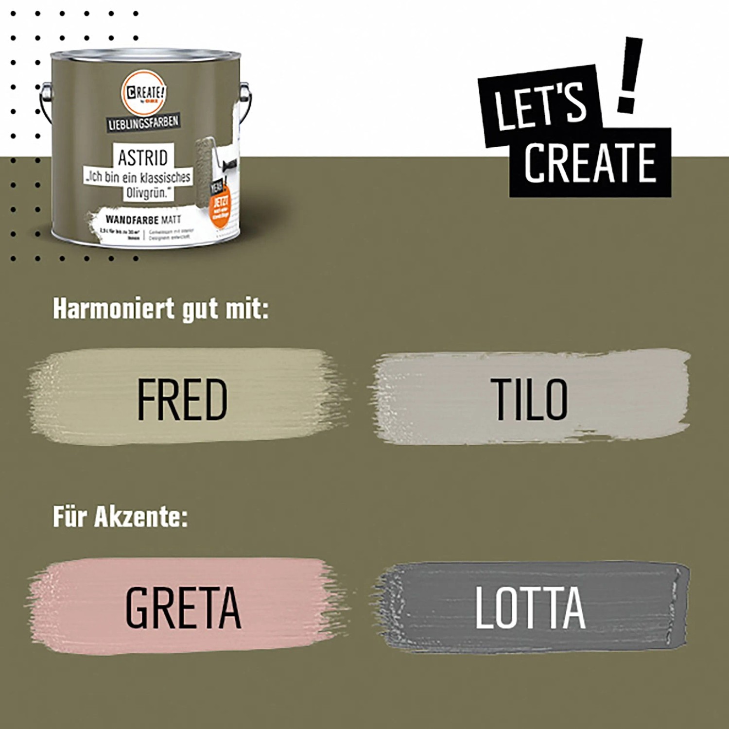 CREATE! by OBI Wandfarbe Astrid Olivgrün, matte Innenfarbe mit Farbvorschlägen.