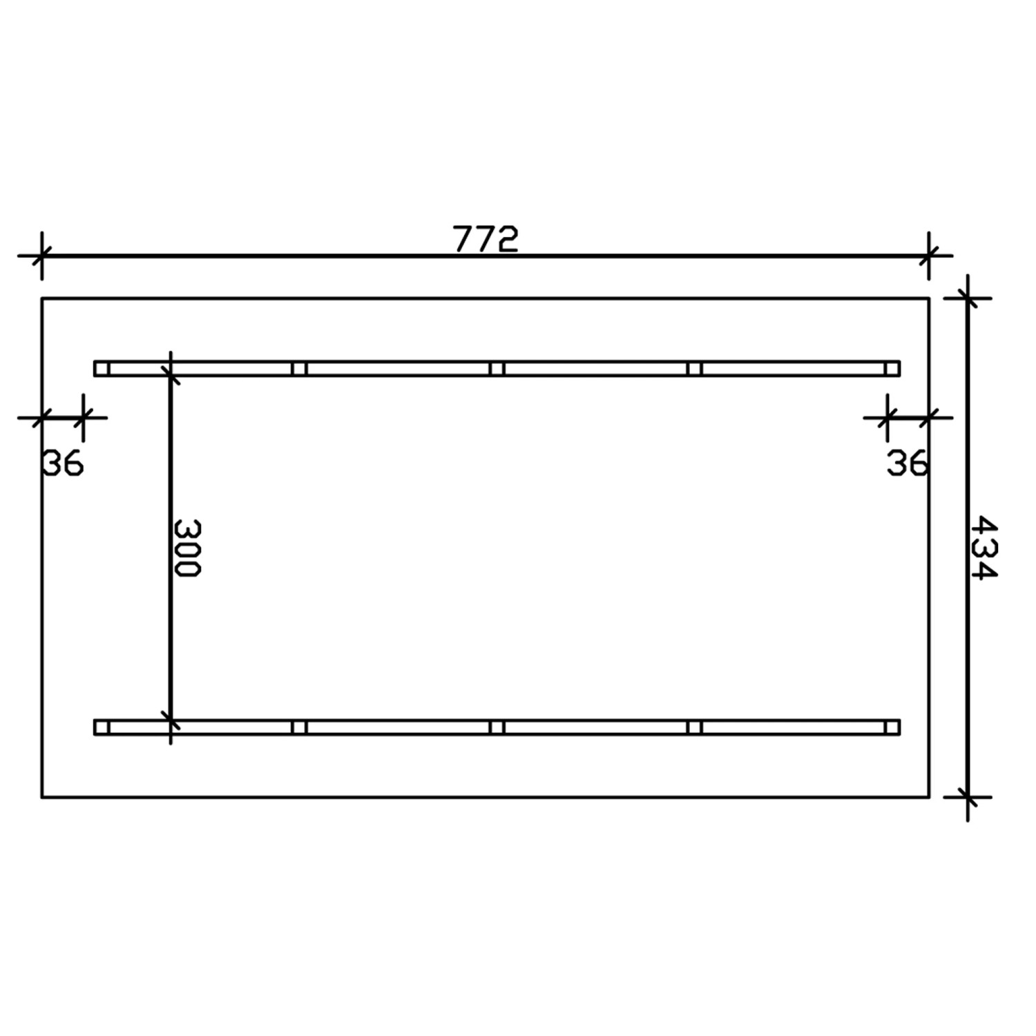Maße des Skan Holz Carport Schwarzwald: 424 x 772 cm. Technische Zeichnung.