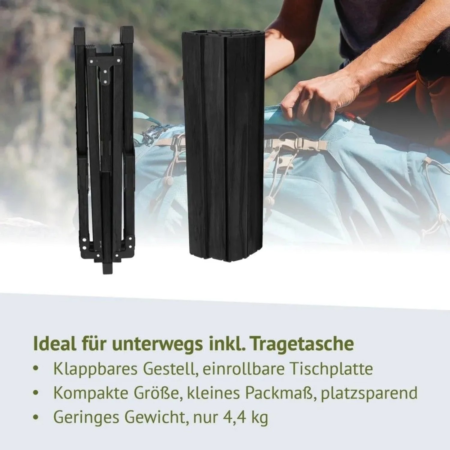 Schwarzer Jawinio Campingtisch, klappbar, mit rollbarer Aluminium-Tischplatte und Gestell, kompakt für Camping.