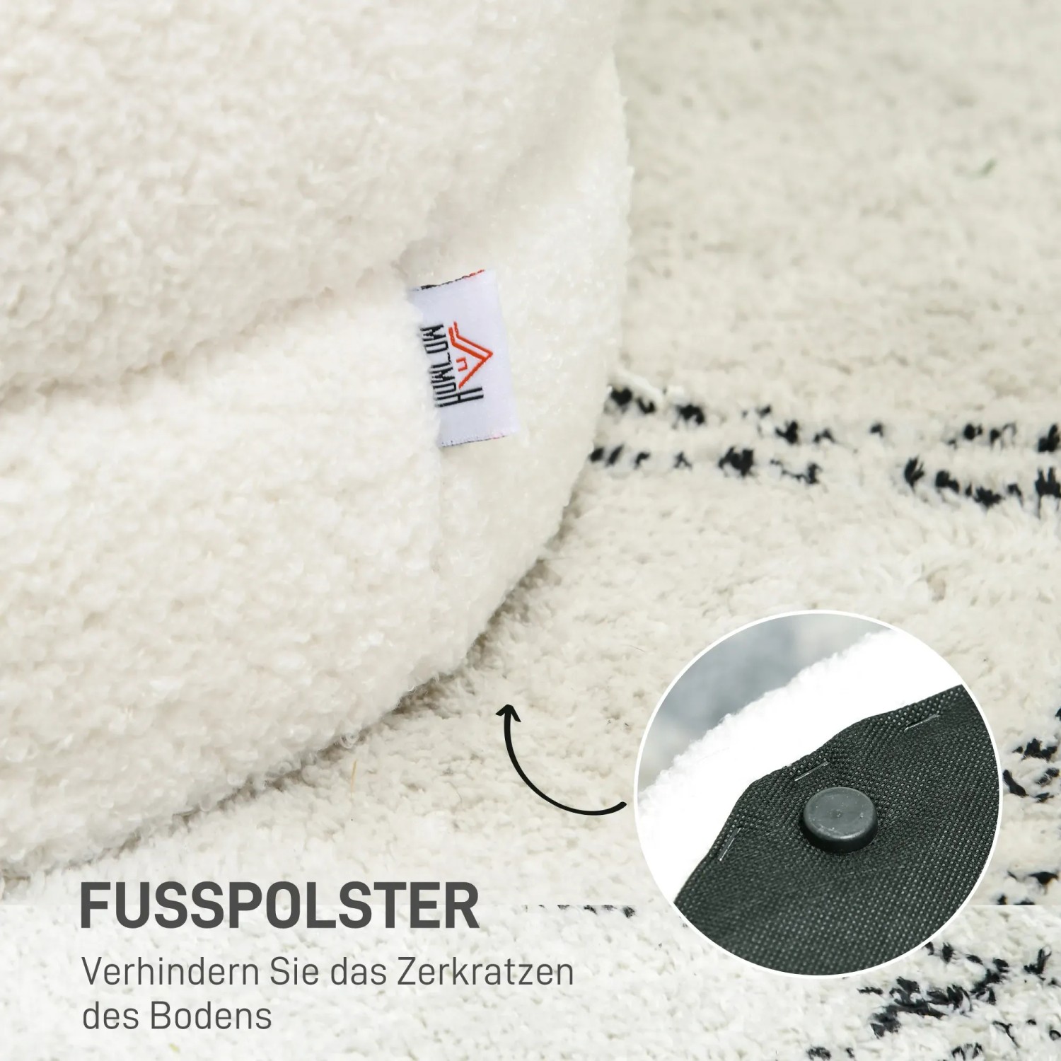 Detailaufnahme: Cremeweißer HOMCOM Sitzhocker mit Fußpolster zum Schutz des Bodens.
