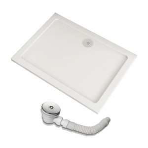 Rechteckige, weiße AICA Duschwanne 110x80 mit Ablaufgarnitur aus Kunststein.