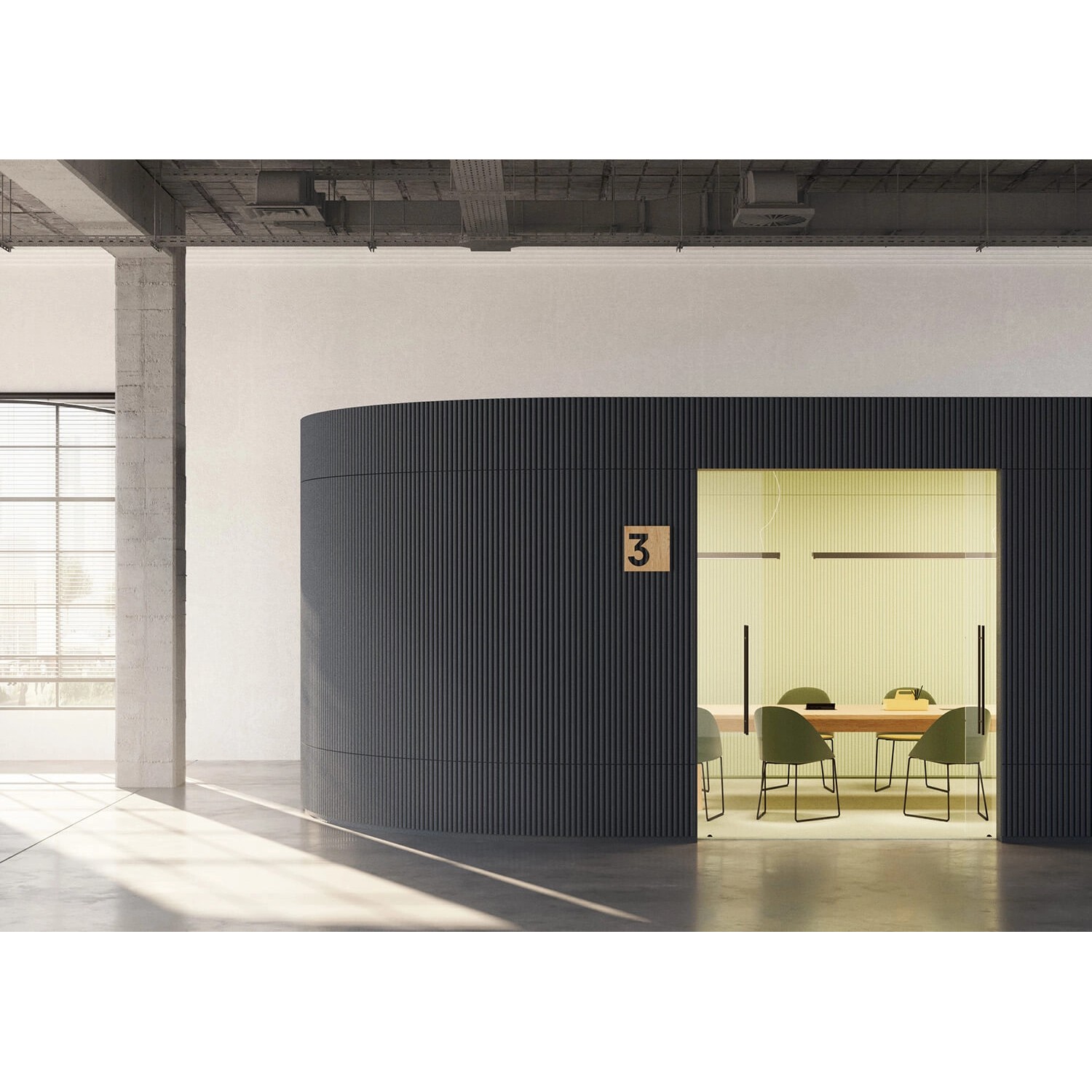 Raum mit NOEL & MARQUET NMC CANELÉ XL 3D Wandpaneel in Weiß. Akustikpaneel und Stuckleiste.