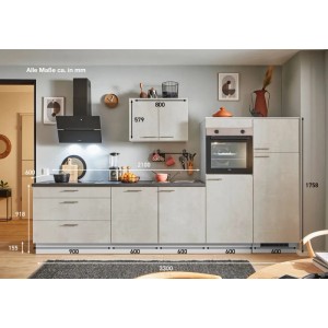 Moderne pino Küchenzeile, 330 cm, Beton Weißgrau, mit Geräten und Spüle. Anschlag rechts.