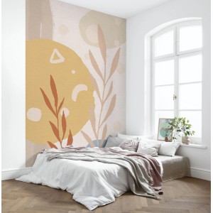 Fototapete Bohemian-Skandi Multicolor, abstrakte Formen und Pflanzen im Schlafzimmer.