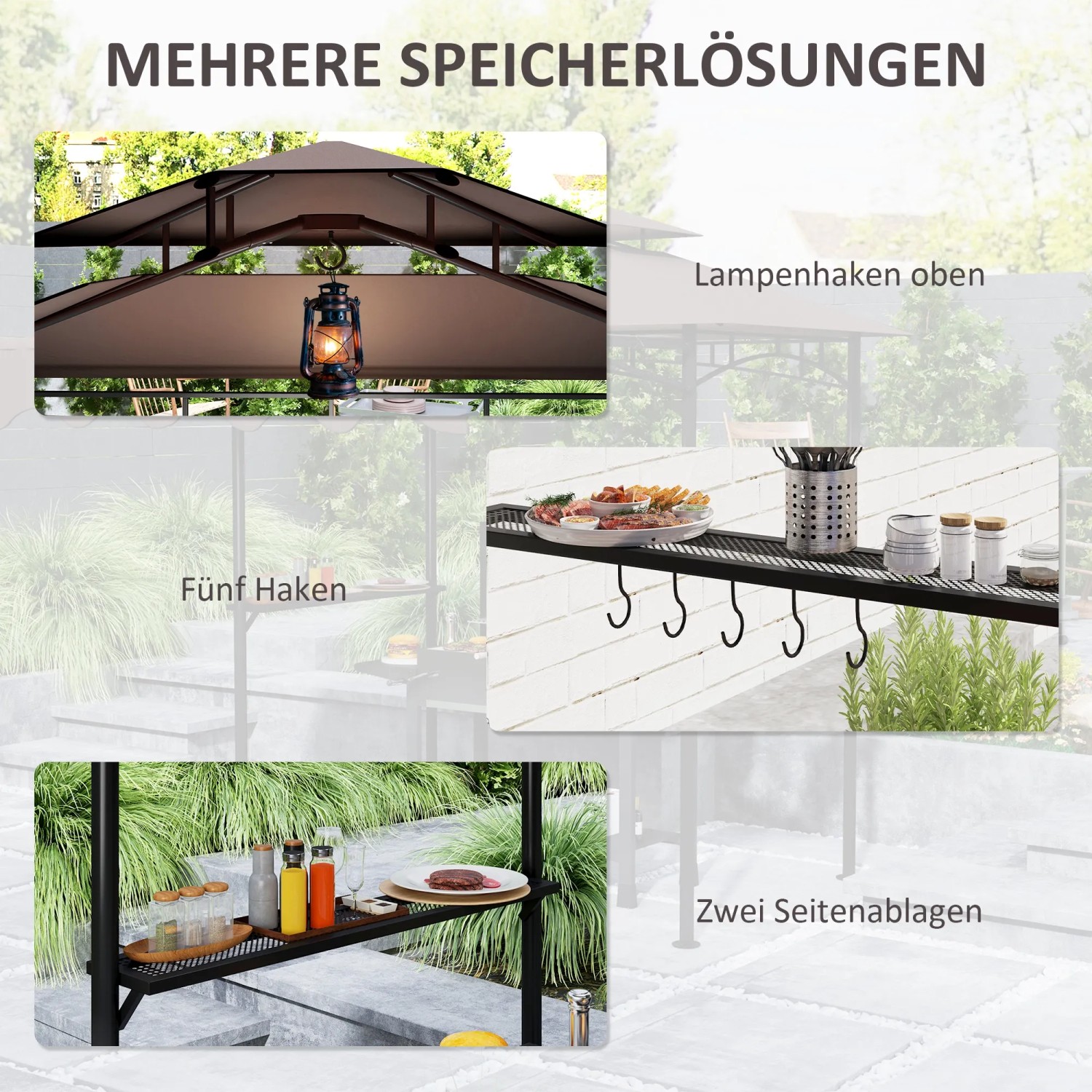 Outsunny Grillpavillon Kaffee mit Ablagen und Haken für Grillzubehör.
