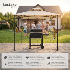 Sandfarbener Grillpavillon mit Doppeldach, Grill, Ablagen und Gästen im Garten.