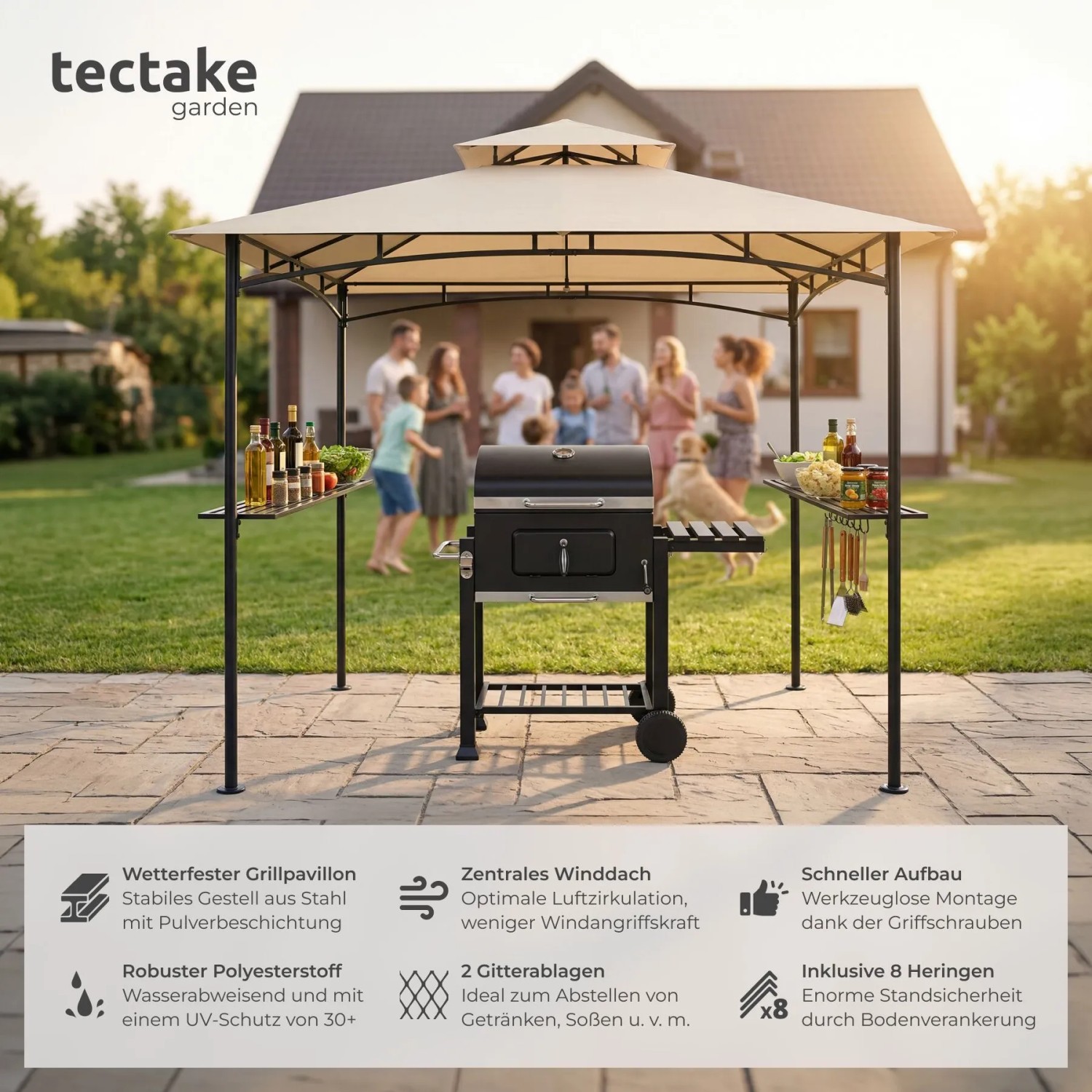 Sandfarbener Grillpavillon mit Doppeldach, Grill, Ablagen und Gästen im Garten.