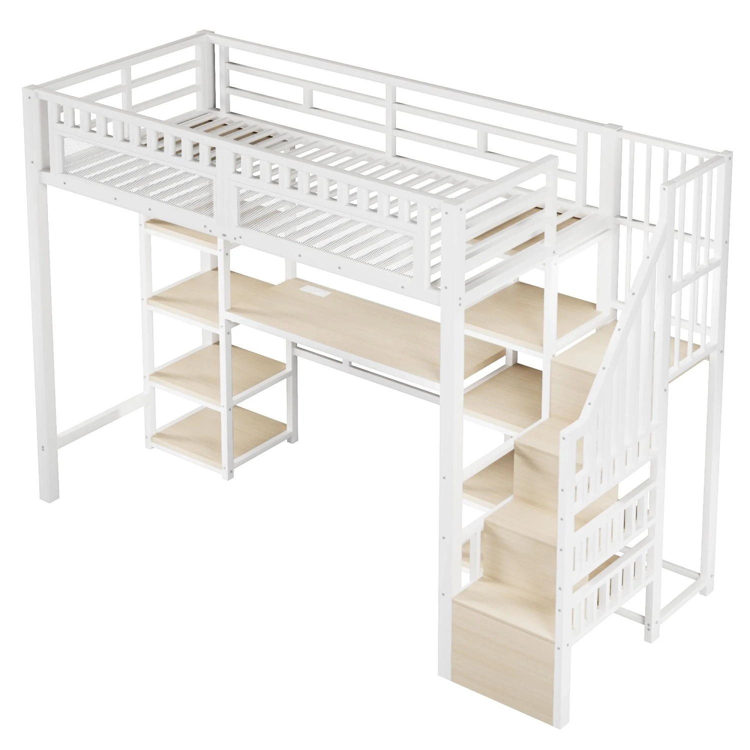 okwish Metall Hochbett 90x200cm mit Schreibtisch USB und Stauraum Weiß ohne Matratze