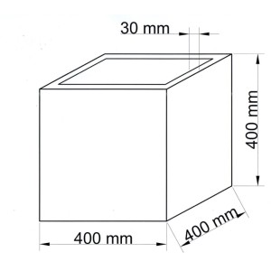 Skizze eines quadratischen Pflanzkübels in Stein-Optik, 40x40x40 cm, mit Maßangaben.