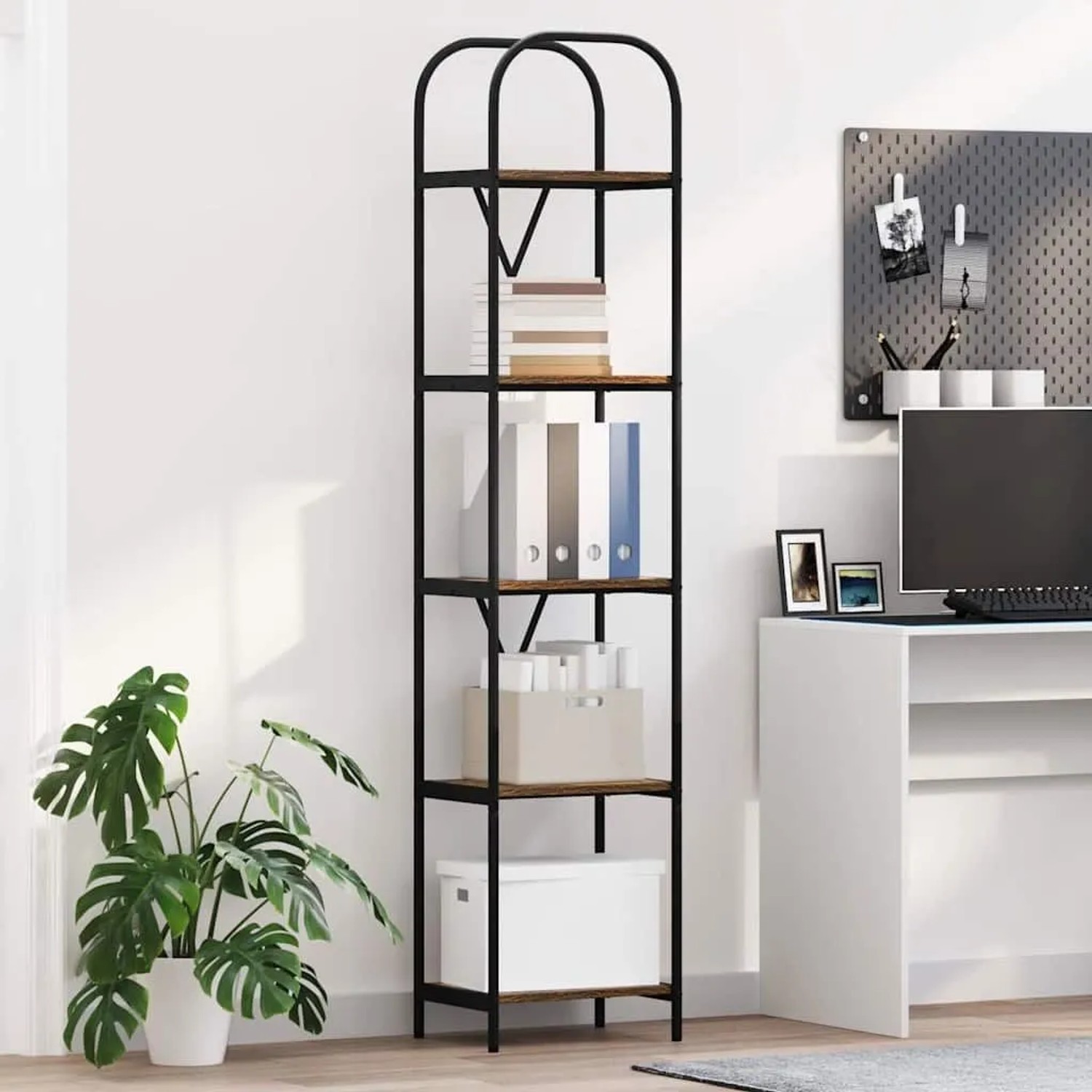 Schlankes vidaXL Bücherregal Geräucherte Eiche, schwarzer Metallrahmen mit Bögen, 5 Holzwerkstoff-Regale.