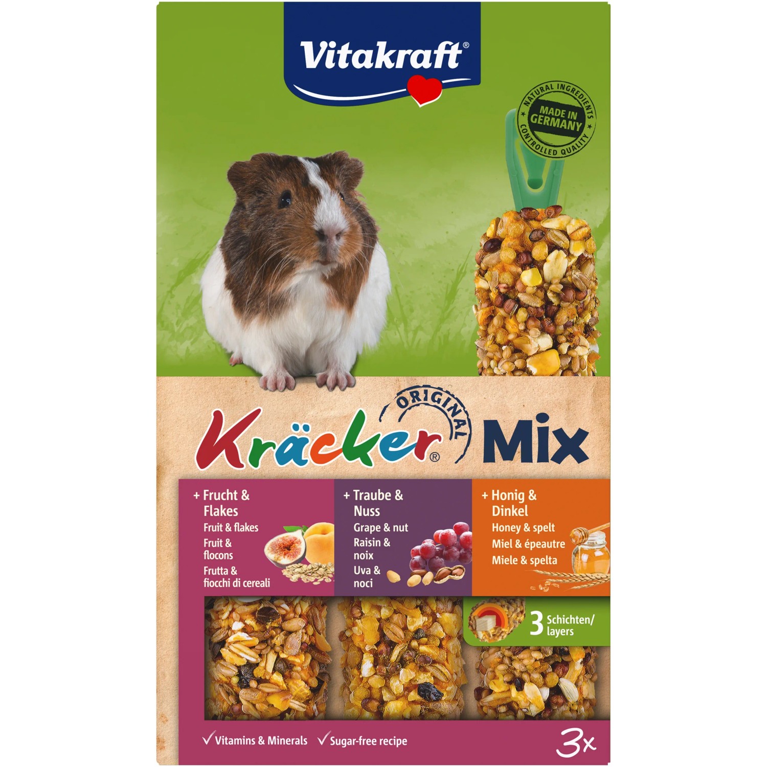 Vitakraft Kräcker Trio für Meerschweinchen, 3 Stück: Knabberstangen mit Honig, Nuss und Frucht.