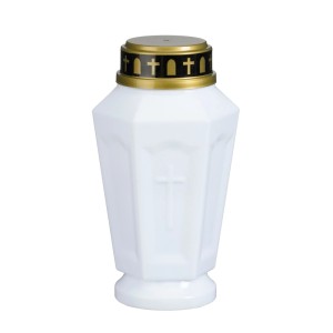 Weißes Luca Lighting LED-Grablicht, facettiert, mit goldenem Deckel und Kreuzdekor, batteriebetrieben.