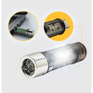 LED Akku-Taschenlampe mit USB-A Stecker zum Aufladen und Seitenlichtfunktion.