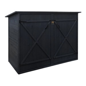 Anthrazitfarbene Fahrradgarage aus Holz mit abschließbaren Türen für den Garten.