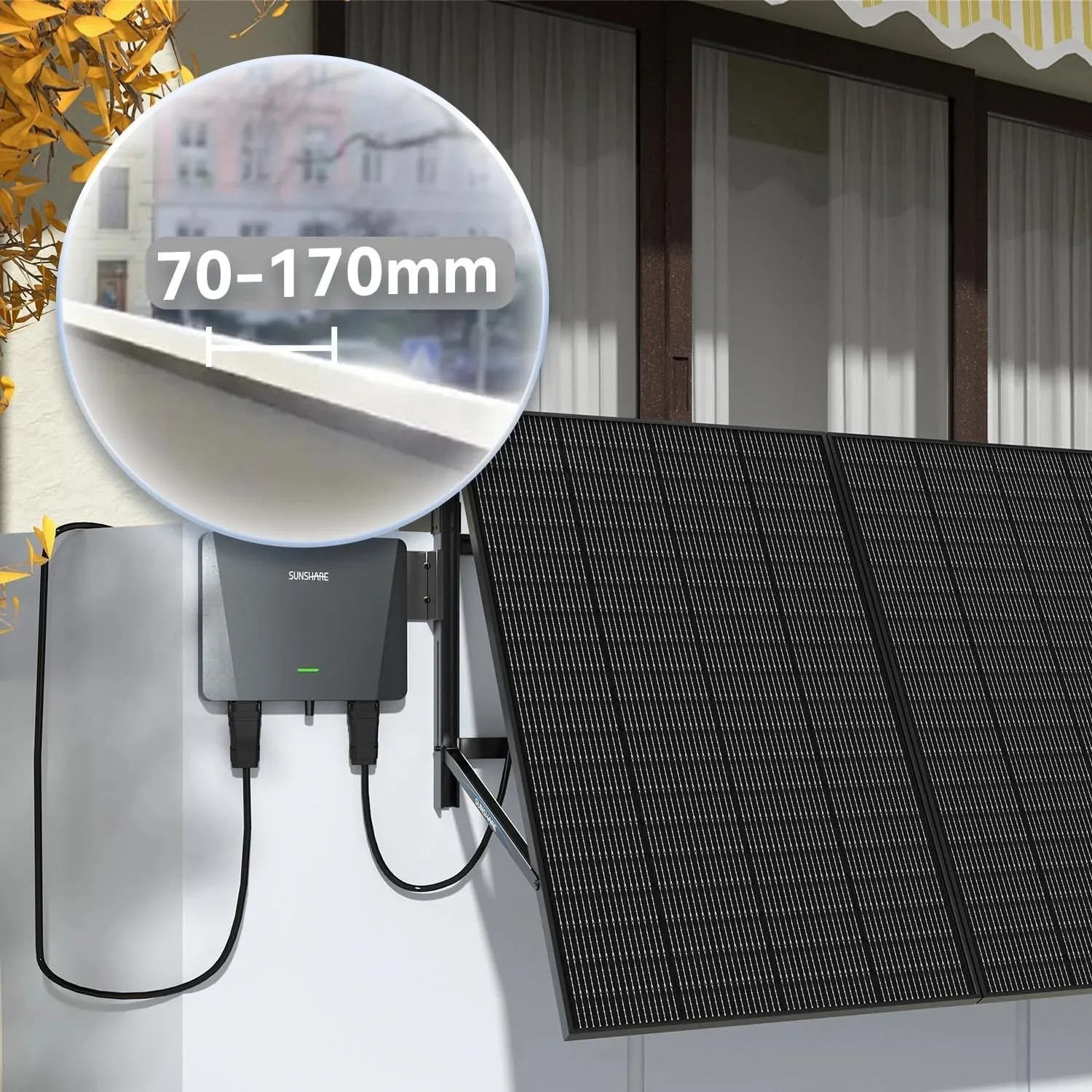 SUNSHARE RAY 200W Solarmodul mit Halterung für Betonbalkon, Detailaufnahme der Halterung.