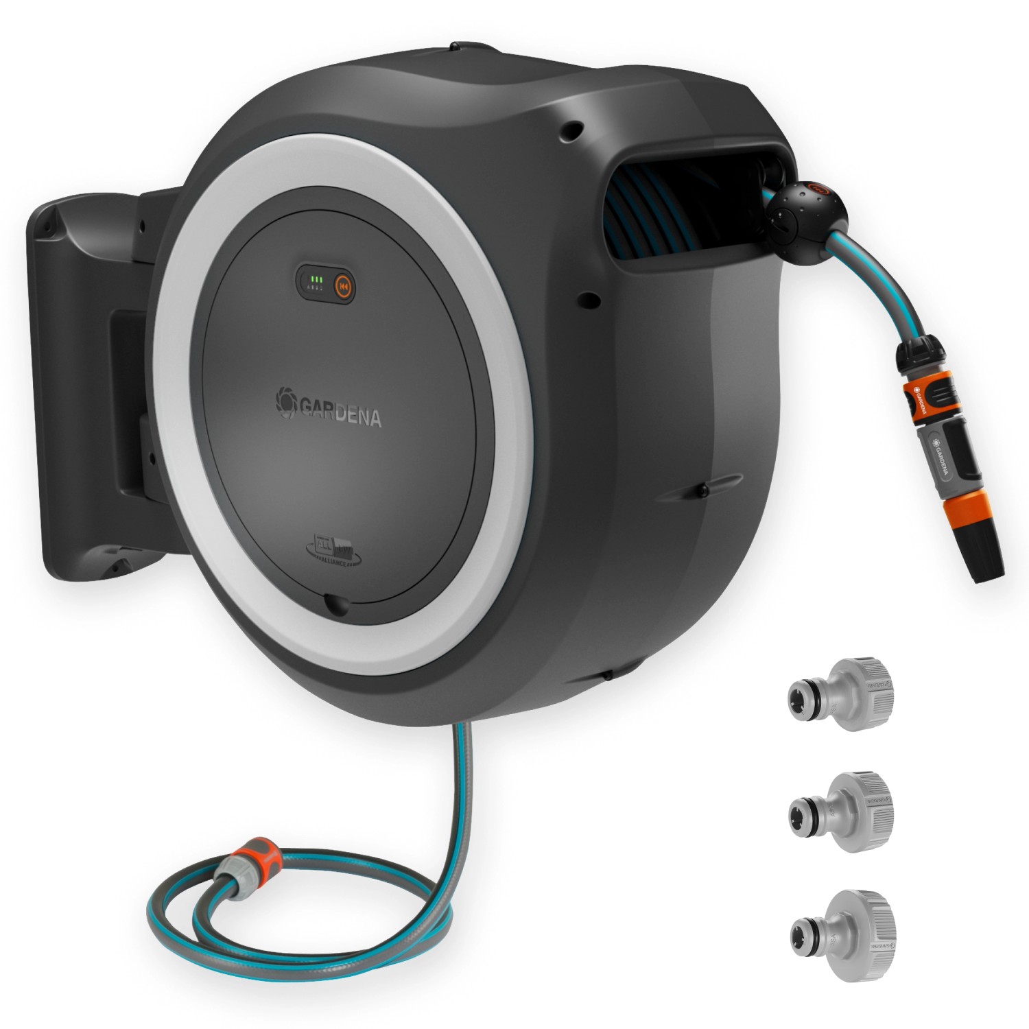 Gardena Akku-Wand-Schlauchbox PowerRoll XL mit 35m Schlauch und Zubehör.