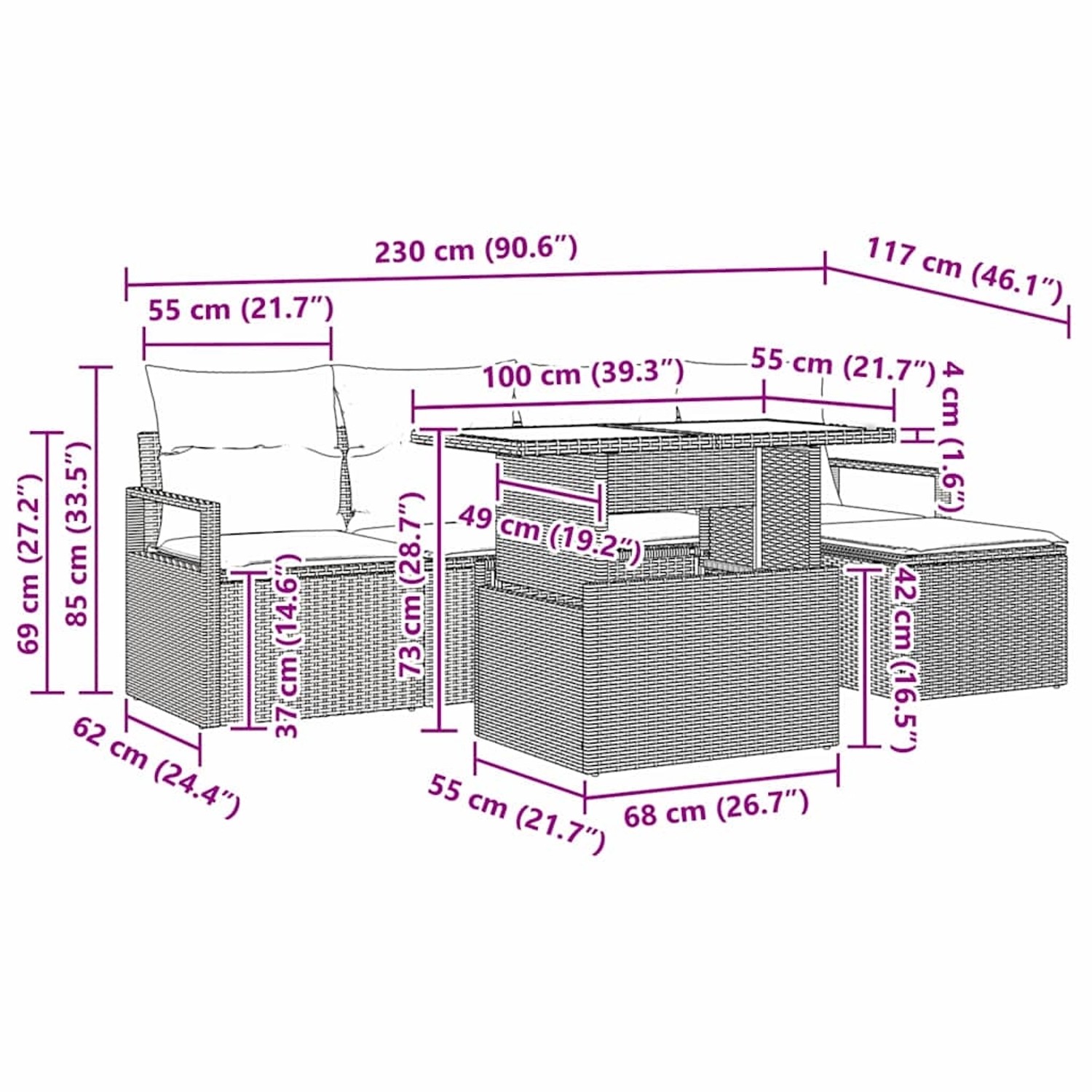 Hellgraues 6-tlg. vidaXL Garten-Sofa-Set aus Polyrattan mit Tisch und Stauraum.