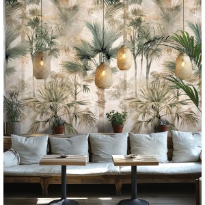 A.S. Creation Fototapete Palmen Floral in Beige-Grün, tropisches Flair für Ihr Zuhause.