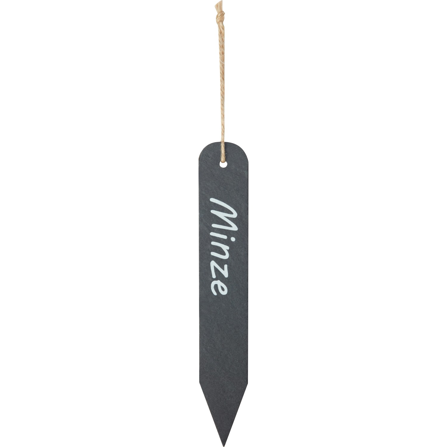 Kräuterstecker Minze aus Steingut in Natur mit Kordel zur Gartendekoration.