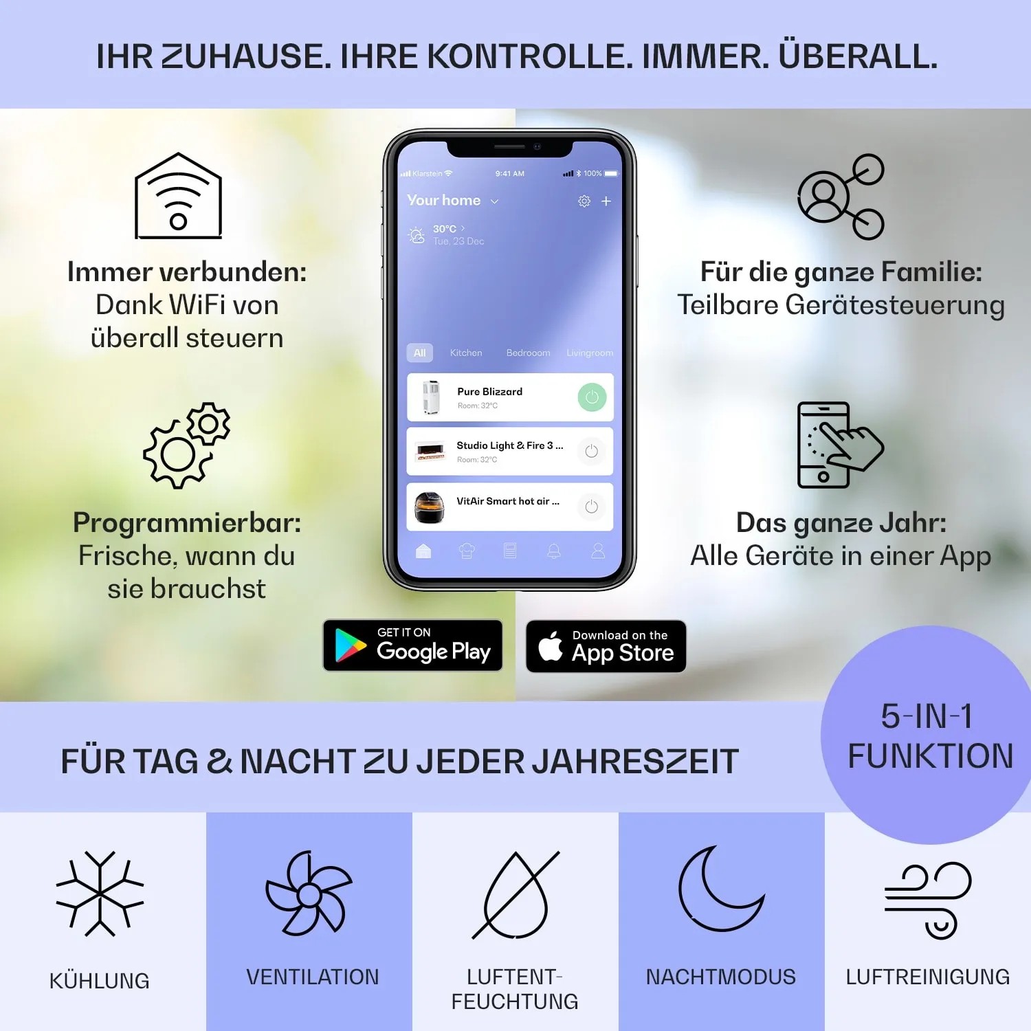 Klarstein Klimaanlage per App steuern: Smartphone-Ansicht mit Geräteübersicht und Funktionen.