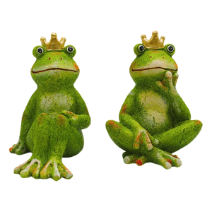 2er Set Deko Froschkönige für Garten & Teich, grüne Froschfiguren mit goldener Krone.