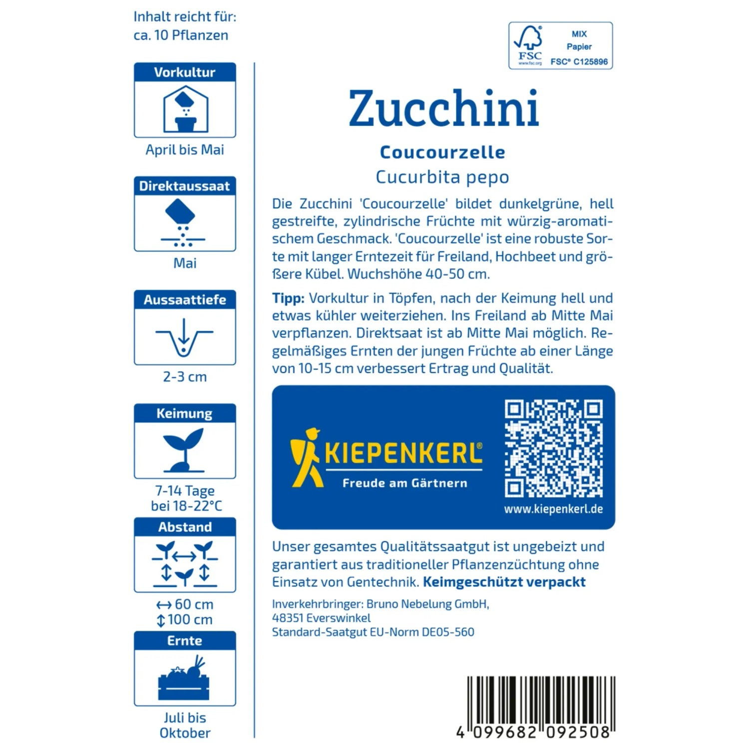 Kiepenkerl Zucchini Coucourzelle Samenpackung mit dunkel- und hellgrünen Streifen.