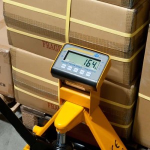 Gelbe Industriewaage PCE Instruments PTS 1N beim Wiegen von Paletten.