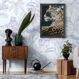 PROFHOME Fototapete Dschungel lila-weiß mit Tiermotiven und Leopardenmuster.
