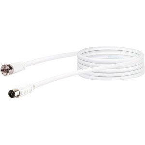 Weißes Schwaiger SAT-Anschlusskabel, 3 m, mit F-Stecker und IEC-Buchse für Antennenanschluss.