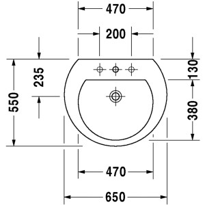 Technische Zeichnung Duravit Darling New Waschbecken, 65 cm, weiß, mit Hahnloch und Überlauf.