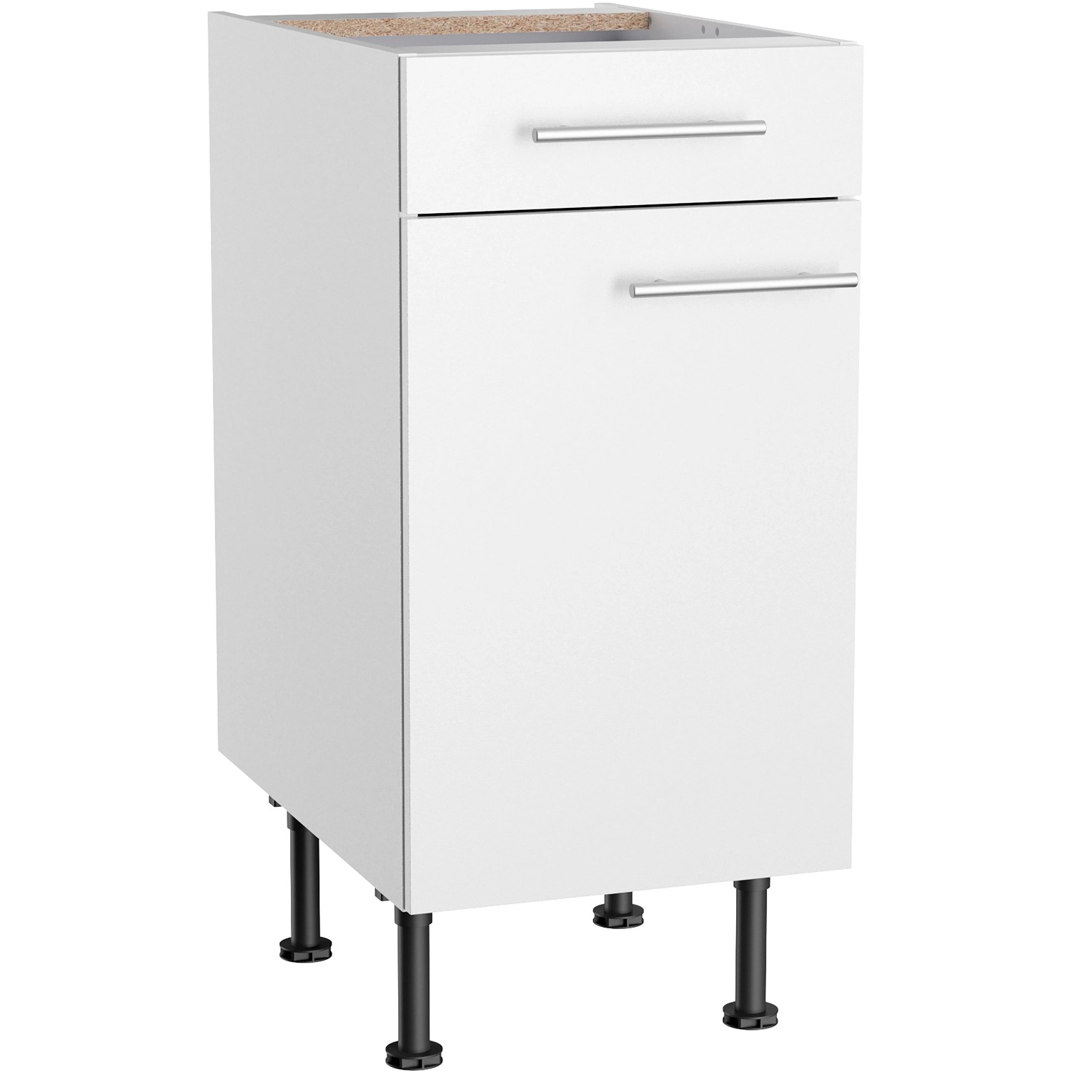 Weißer Optifit Küchenunterschrank Bengt932 (40cm) mit Schublade und Tür.