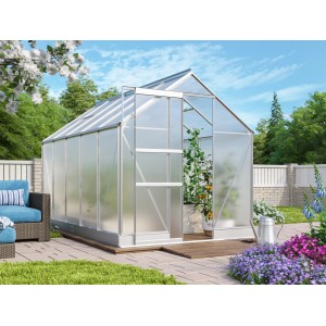 Vitavia Gewächshaus Apollo 6200 mit Alu-Rahmen, Hohlkammerplatten und Fundament im Garten.