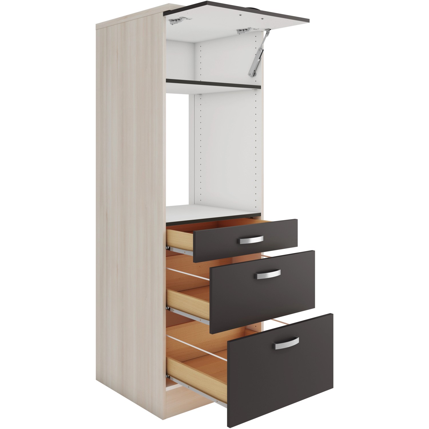 OPTIFIT Faro220 Geräteumbauschrank, 60 cm, Anthrazit mit Schubladen und Klappe für Backofen.