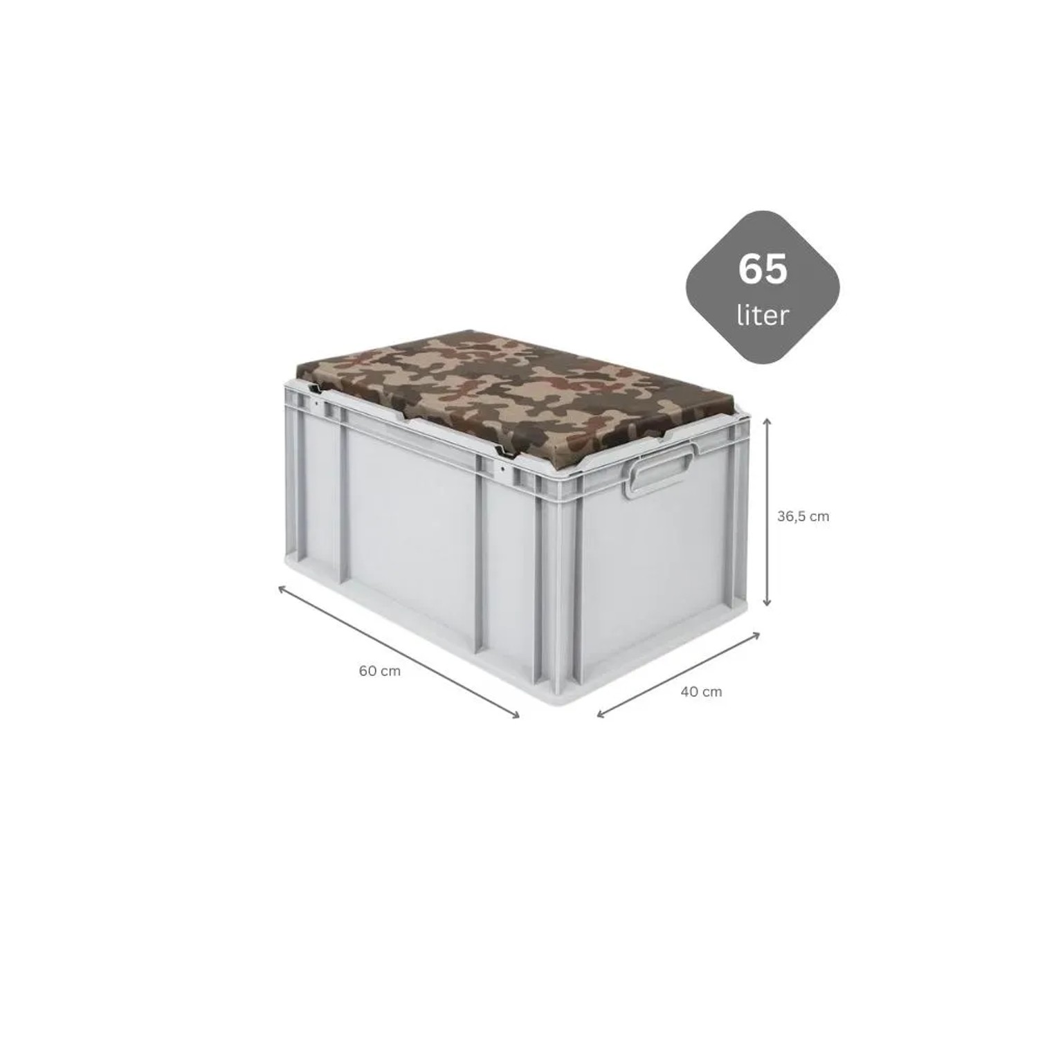 Eurobox NextGen Sitzbox Camouflage, 65 Liter, mit Griffen und Sitzkissen. Ideal als Transportbox.