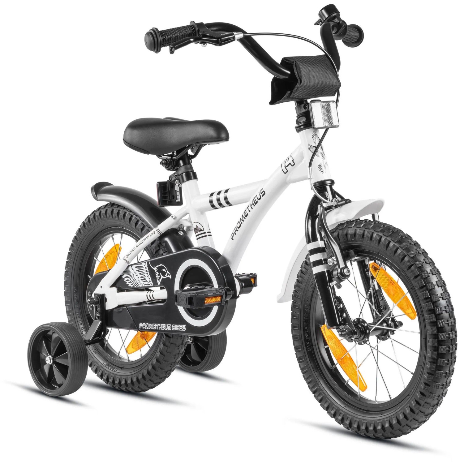 PROMETHEUS BIKES Kinderfahrrad 14 Zoll ab 4 Jahre mit Stützrädern und Rücktrittbremse Weiß