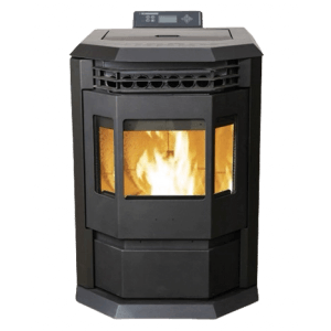 Schwarzer SCHENGER Pelletofen HLP3602 mit Flamme, vollautomatisch, WIFI und Timer.