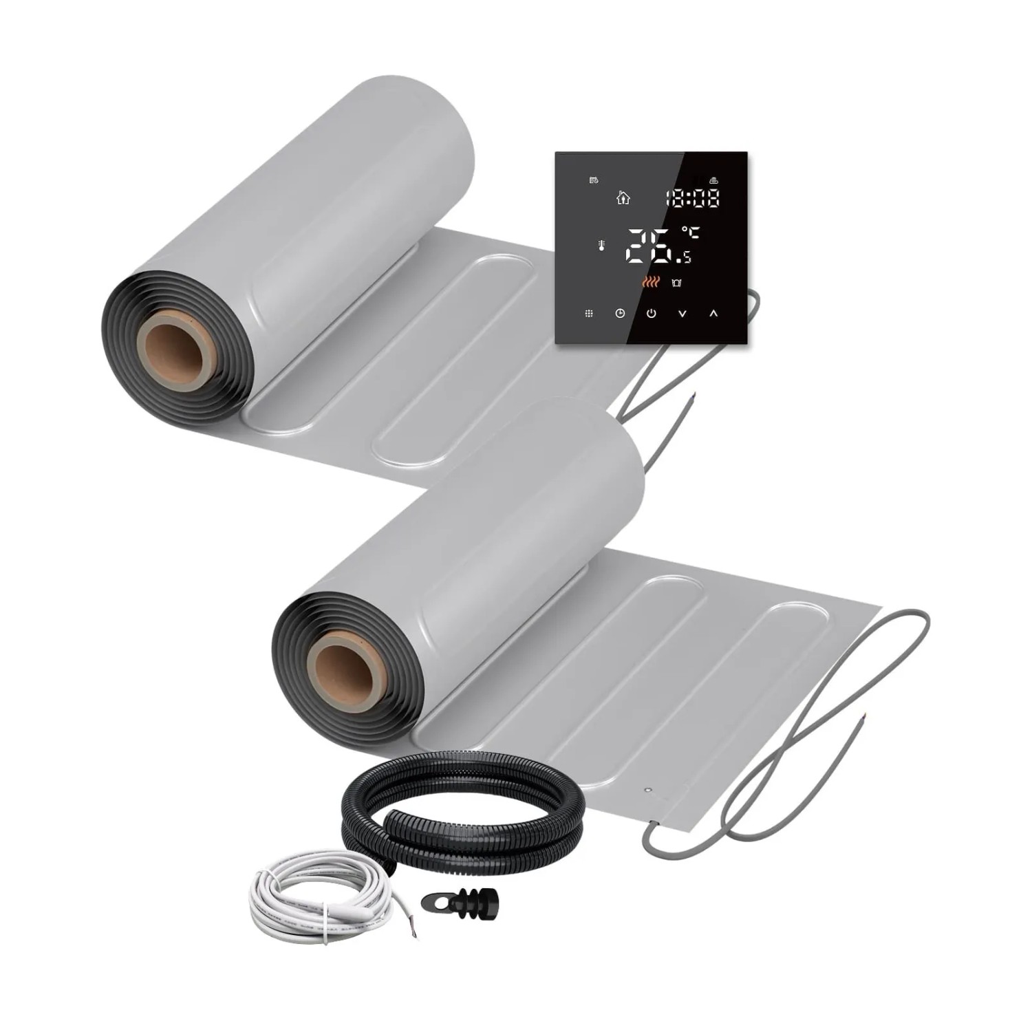 WARMON Fußbodenheizung Elektrisch 2x ALU Matten 150 W/m² 10+6 m² inkl. TS 300 Thermostat Schwarz