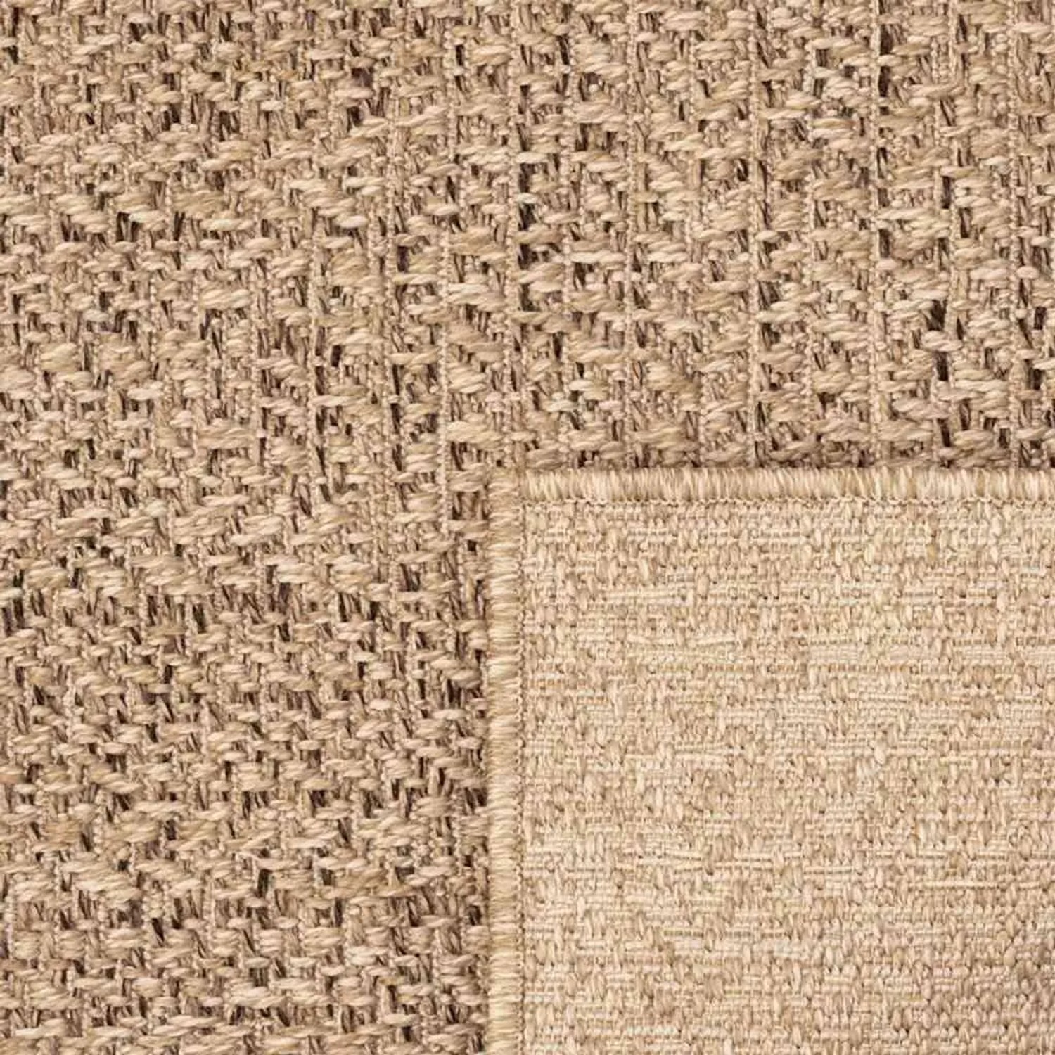 Beiger vidaXL Outdoor-Teppich ZIZUR in Jute-Optik, gewebte Struktur, umgeschlagene Ecke zeigt Rückseite.