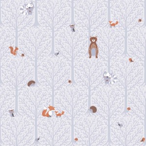 Tadessi Vliestapete Grau mit floralem Waldmuster: Bäume, Eichhörnchen, Füchse, Bären, Igel. Dekorative Tapete.