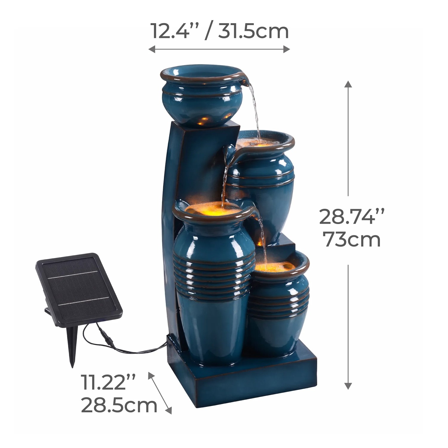 Teamson Home Gartenbrunnen, 73 cm, 4-stufig, Solar, LED blau, mit Solarpanel.