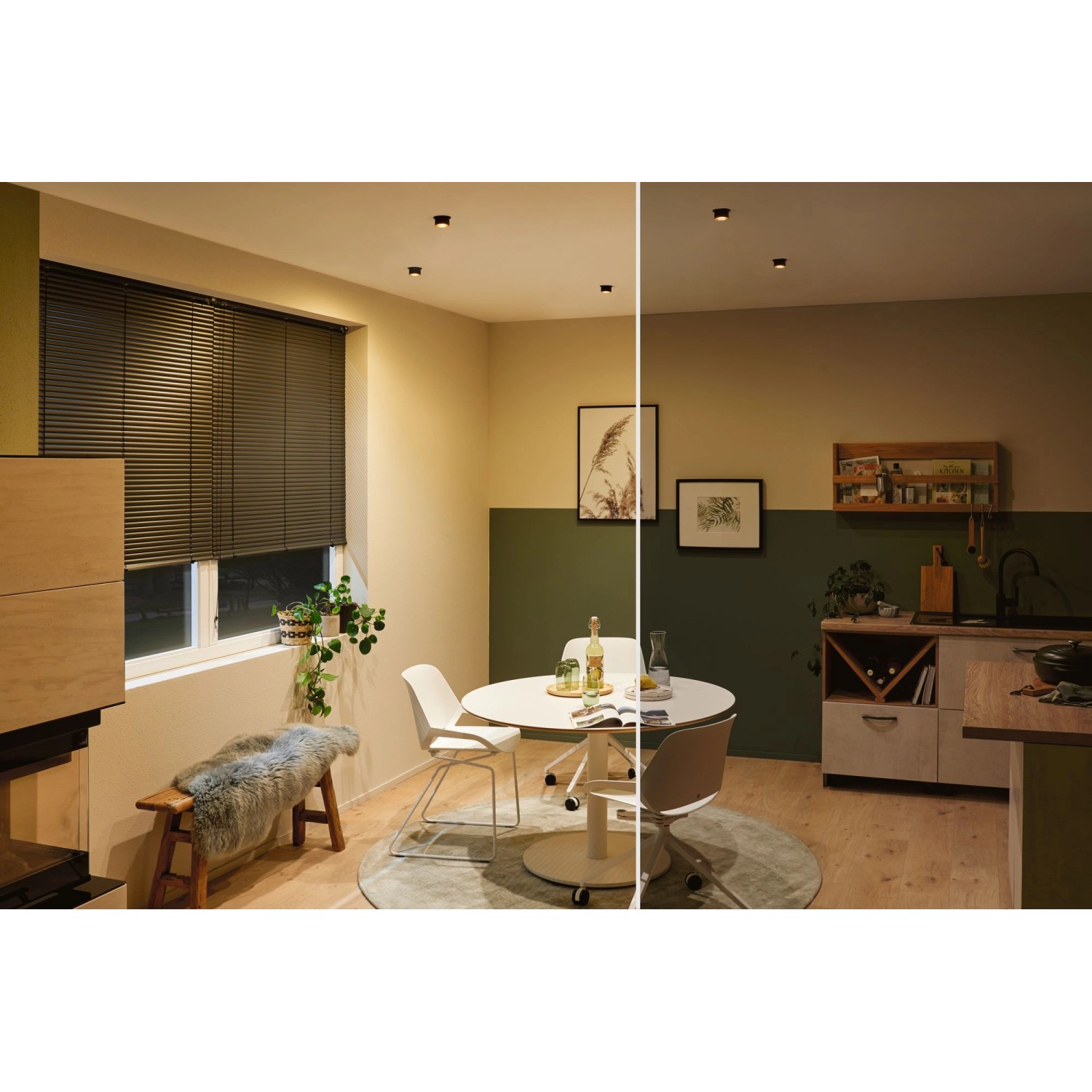 LED Einbauleuchten-Set Gil Coin, 3er, schwarz/gold, in Küche mit warmweißem Licht.