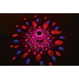 Flowclear Solar-LED-Poolleuchte mit Farbwechsel, die ein Muster aus roten und blauen Lichtern erzeugt.