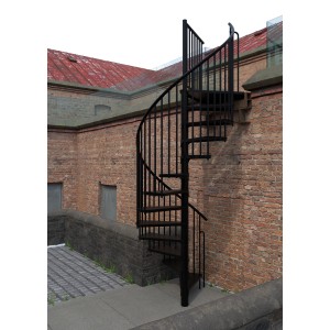 Schwarze Minka Außentreppe Rondo Zink Ø 180 cm vor einer Backsteinmauer.