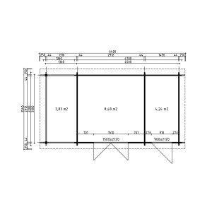 Technischer Grundriss des Fjordholz Gartenhauses Carin 44 C +SD. Zeigt Raumaufteilung, Flächen (3,83, 8,48, 4,24 m²) und Gesamtmaße.