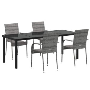 Graue 9-tlg. vidaXL Garten Essgruppe aus Poly Rattan. Rechteckiger Tisch mit schwarzer Glasplatte und grauen Stühlen.
