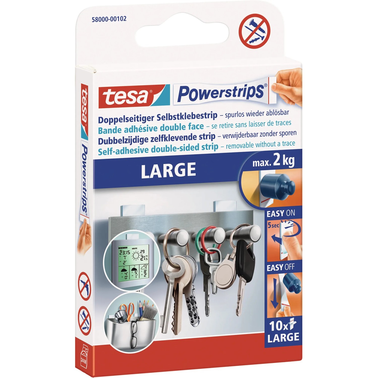 Tesa Powerstrips Large, 10 Stück, für starken Halt ohne Bohren & rückstandsfreies Ablösen.