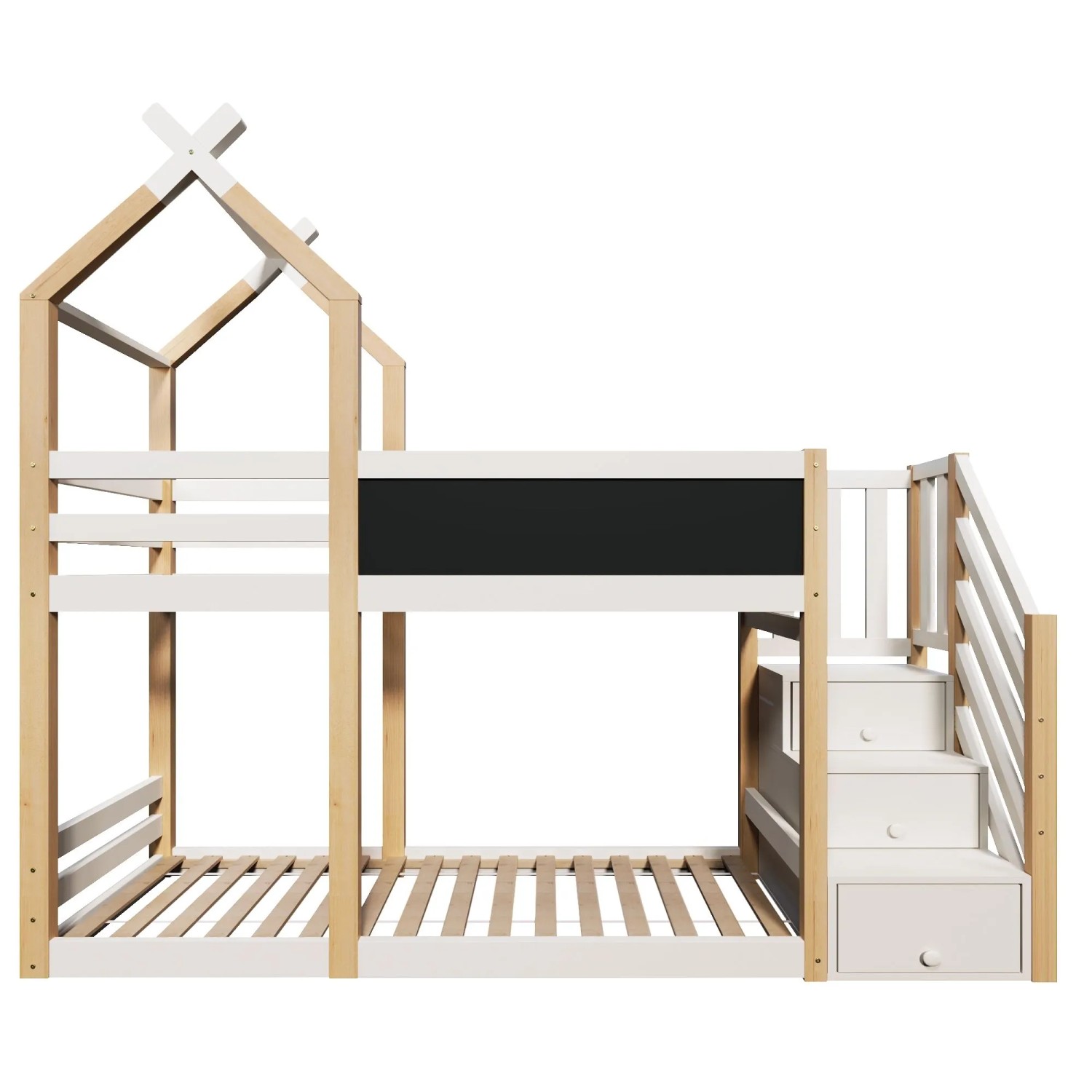 okwish Etagenbett 90x200cm mit Tafel und Stauraum Kinderzimmer Natur Weiß ohne Matratze