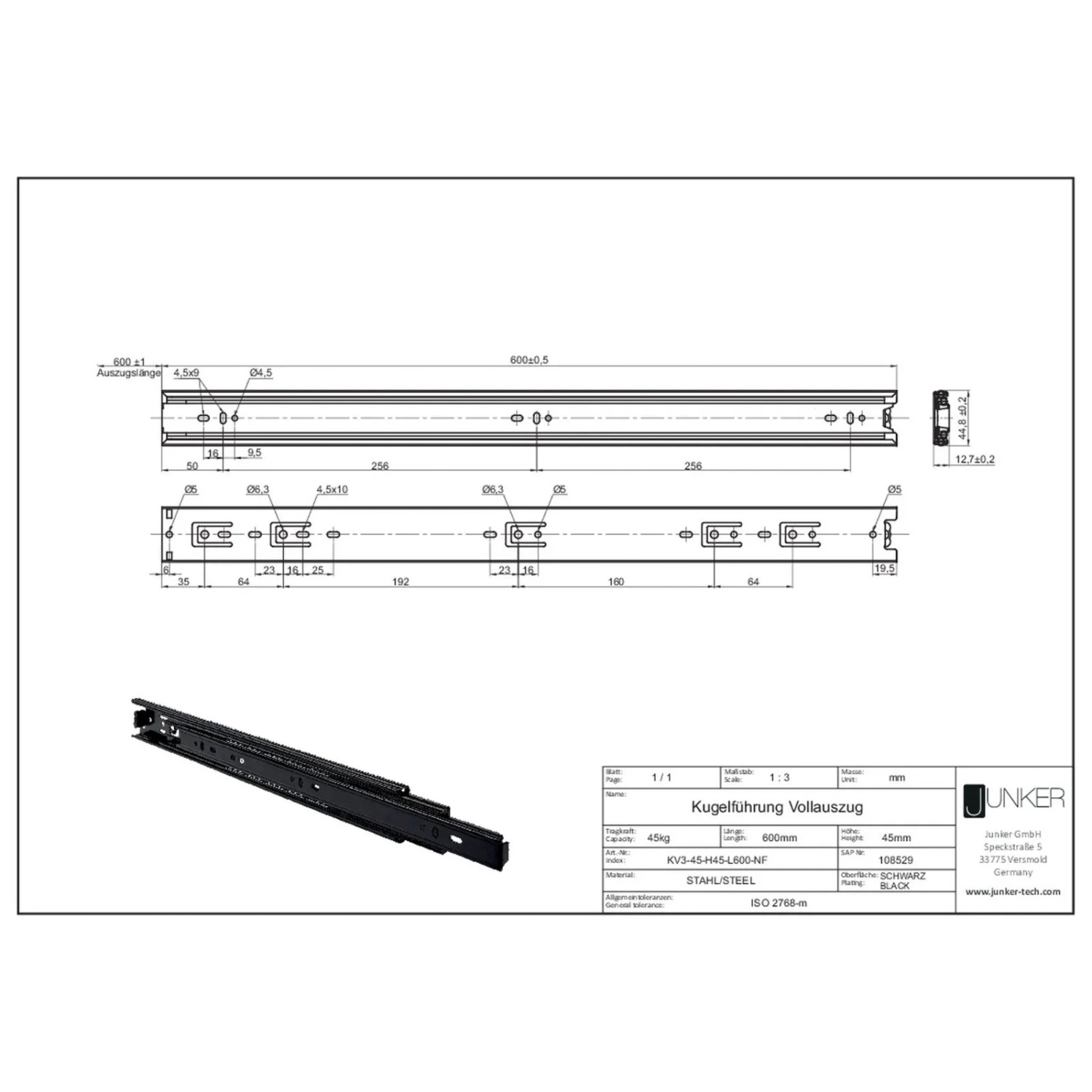 SOTECH Vollauszug 600mm, 45kg, schwarz, technische Zeichnung