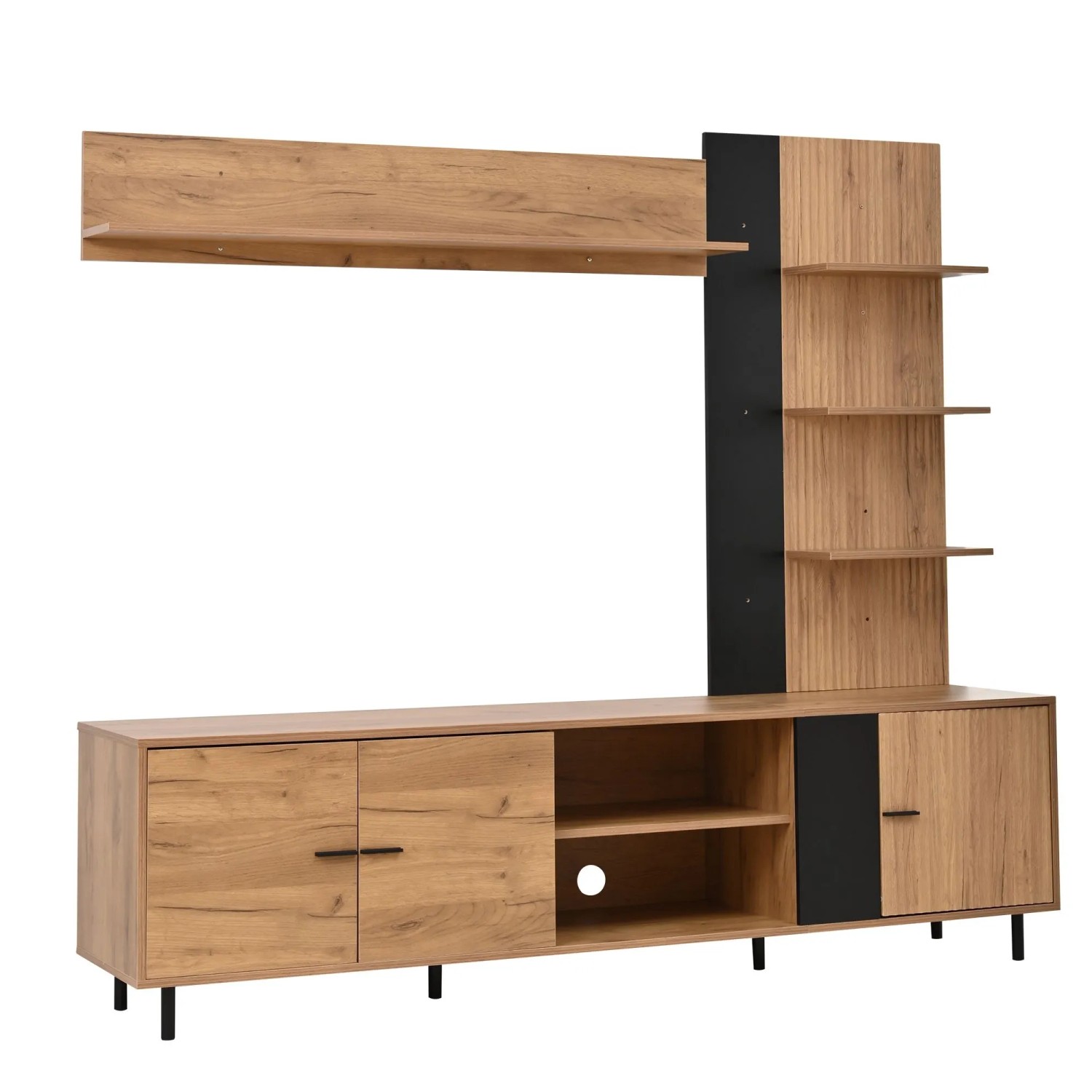 okwish TV Wohnwand Set mit Vitrine Regal Wohnzimmer 80 Zoll 187x40x167cm Natur