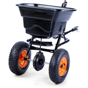 FUXTEC FX-GS36S Streuanhänger, schwarz, 36kg Volumen, mit großen Rädern und Anhängerkupplung für Rasentraktor.